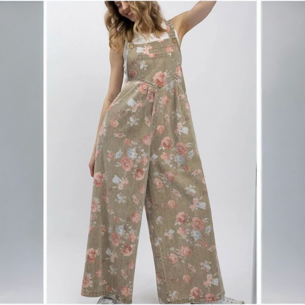 Blue Velvet Khaki and Floral Overalls
